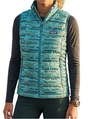 PATAGONIA DOWN SWEATER VEST XS ELWHA IKAT STRAIT BLUE PUFFER DOWN FILLED